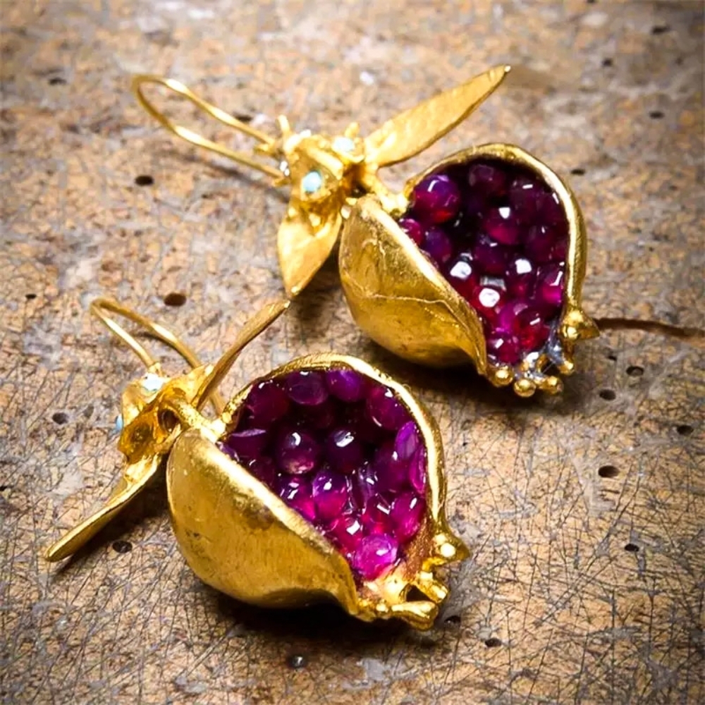 Luxurious Gold Pomegranate Earrings - Picture 1 of 13